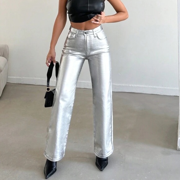 SHEIN Denim - SHEIN Metallic Silver High Rise Straight Leg Jeans